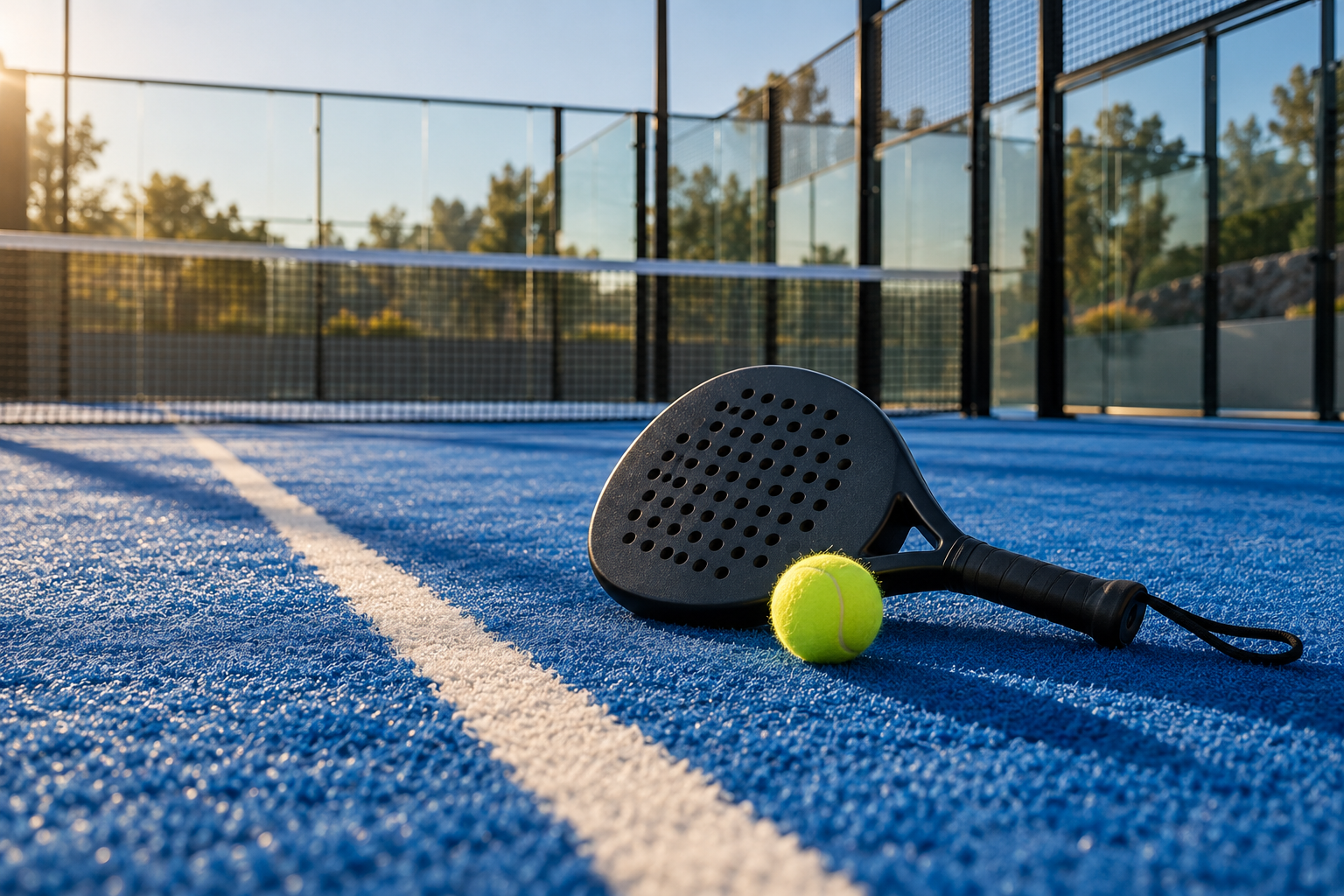 Paleta y pelota sobre una cancha de pádel azul.